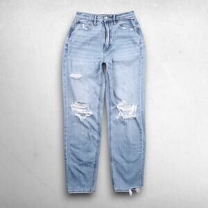 American Eagle Baggy Jeans Women 2 Blue Distressed Faded Stretch Grunge Retro